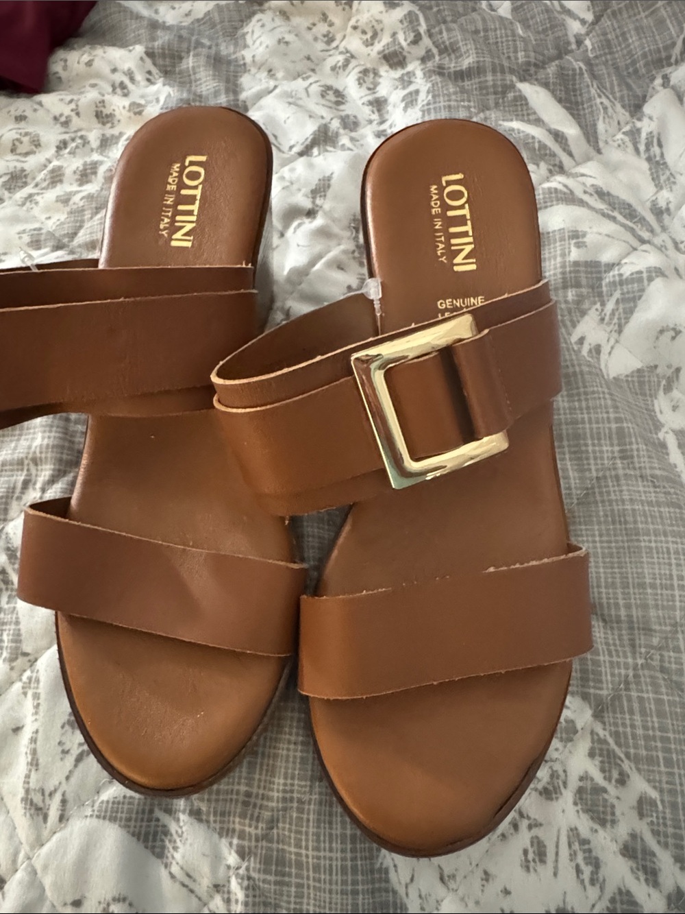 Lottini Tan Leather Slide wedges with Gold Buckle